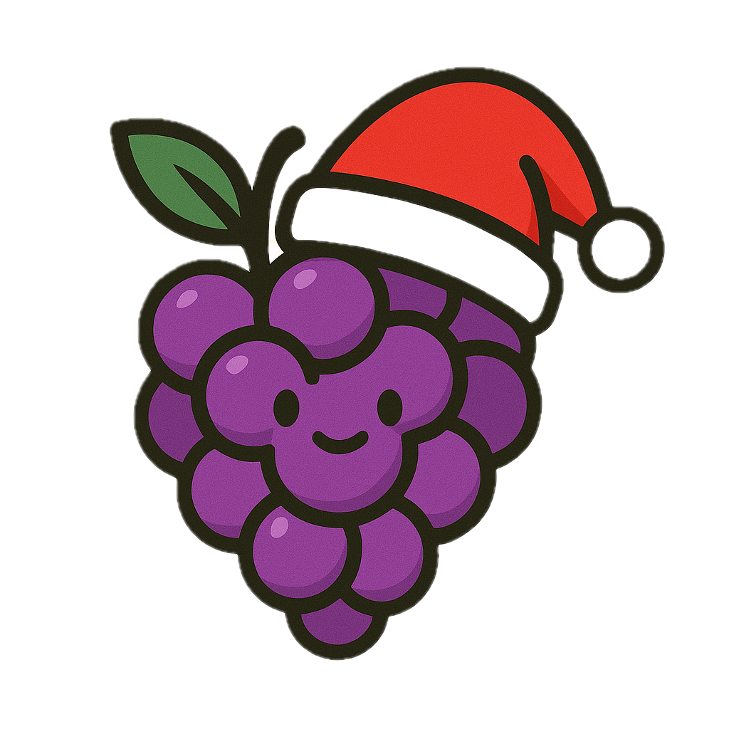 Festive grapes. A cartoon cluster of grapes wearing a winter hat.