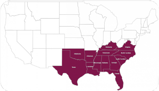 Image of continental US highlighting the states in the southeastern region - TX, OK, AR, LA, MS, AL, GA, FL, SC, NC, TN, KY, VA